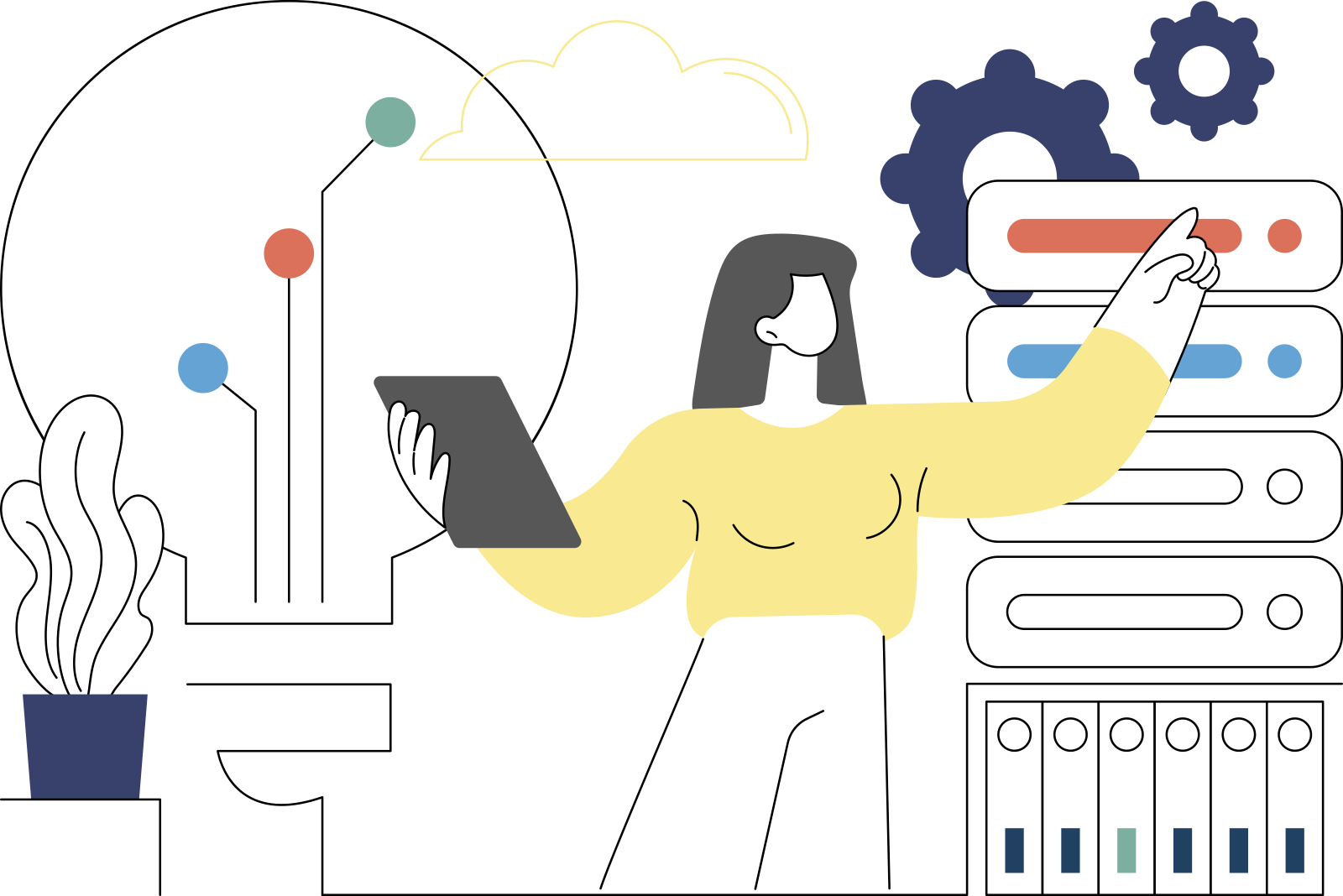 A person organising a collection of snippets, surrounded by folders, a cloud and colourful details.