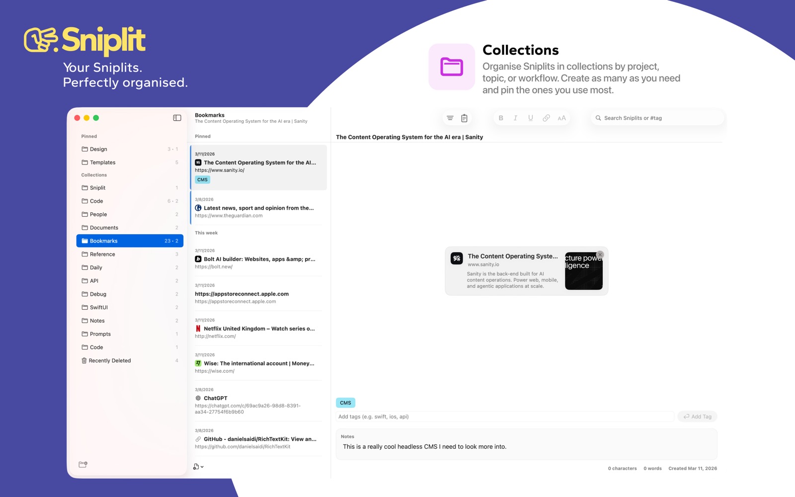 Sniplit’s Mac workspace showing collections in the sidebar, a list of saved bookmarks and a rich link preview.